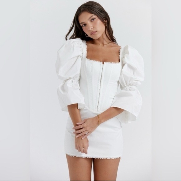 HOUSE OF CB Matilda White Puff Sleeve Corset Mini Dress Size Small - Picture 3 of 9
